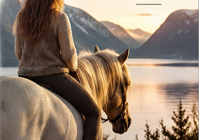 A woman on a pale horse looking out over a calm mountain lake at sunset